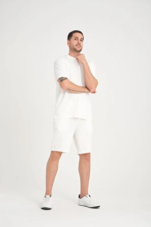 İki İplik Pamuklu Duble Kol Yırtmaçlı T-Shirt Şort Takım - Ekru