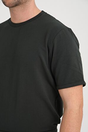 İki İplik Pamuklu Duble Kol Yırtmaçlı T-Shirt Şort Takım - Çam Yeşili