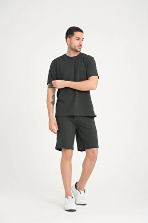 İki İplik Pamuklu Duble Kol Yırtmaçlı T-Shirt Şort Takım - Çam Yeşili