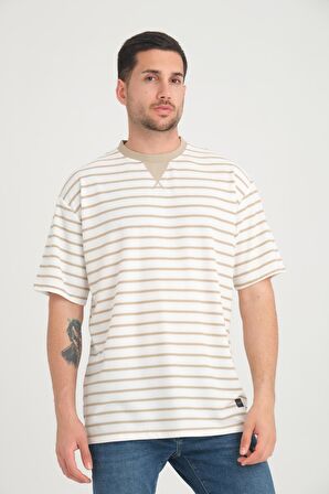 Zarf Yaka Detaylı Çizgili Oversize T-Shirt - Kum Beji
