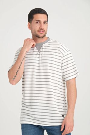 Zarf Yaka Detaylı Çizgili Oversize T-Shirt - Mint Yesili