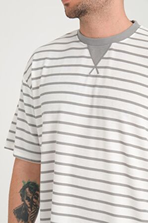 Zarf Yaka Detaylı Çizgili Oversize T-Shirt - Mint Yesili