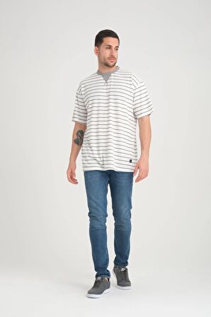 Zarf Yaka Detaylı Çizgili Oversize T-Shirt - Mint Yesili