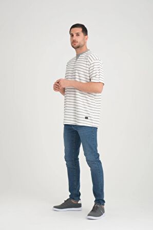 Zarf Yaka Detaylı Çizgili Oversize T-Shirt - Mint Yesili