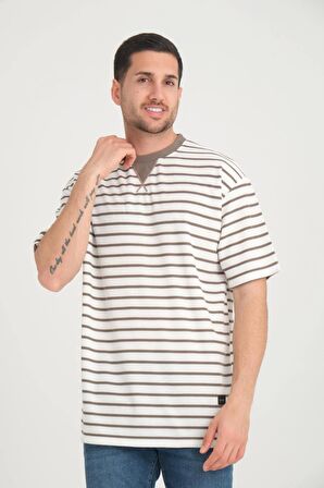 Zarf Yaka Detaylı Çizgili Oversize T-Shirt - Vizon