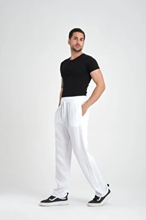 Baggy Kalıp Müslin Kumaş Pantolon - Beyaz