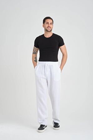 Baggy Kalıp Müslin Kumaş Pantolon - Beyaz