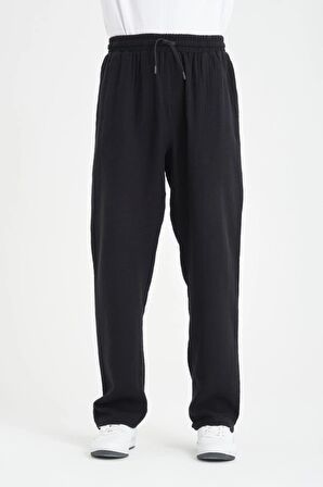 Baggy Kalıp Müslin Kumaş Pantolon - Siyah