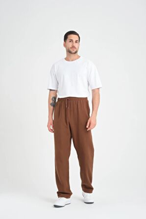 Baggy Kalıp Müslin Kumaş Pantolon - Kahve