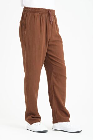 Baggy Kalıp Müslin Kumaş Pantolon - Kahve
