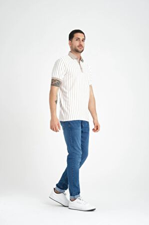 Premium Dik Çizgili Polo Yaka T-Shirt - Bej