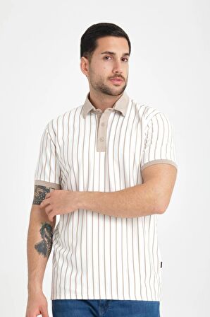 Premium Dik Çizgili Polo Yaka T-Shirt - Bej