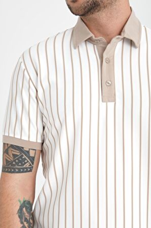 Premium Dik Çizgili Polo Yaka T-Shirt - Bej