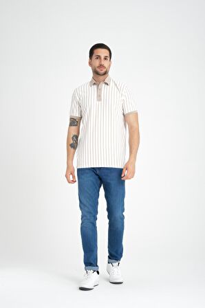 Premium Dik Çizgili Polo Yaka T-Shirt - Bej