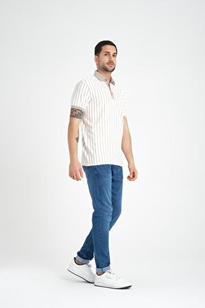 Premium Dik Çizgili Polo Yaka T-Shirt - Bej