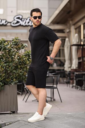 Fitilli Oversize T-Shirt Şort Takım - Siyah