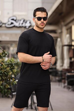 Fitilli Oversize T-Shirt Şort Takım - Siyah