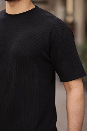 Fitilli Oversize T-Shirt Şort Takım - Siyah