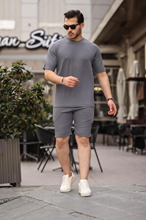 Fitilli Oversize T-Shirt Şort Takım - Füme