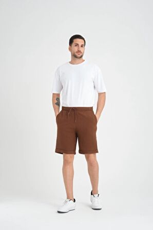 Duble Paça Müslin Kumaş Şort - Kahve