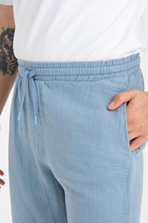 Duble Paça Müslin Kumaş Şort - Soğuk Mavi