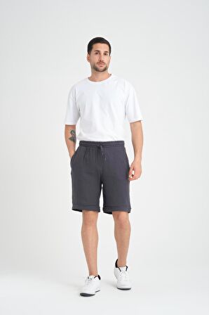 Duble Paça Müslin Kumaş Şort - Füme