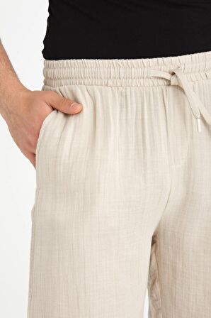 Duble Paça Müslin Kumaş Şort - Açık Bej