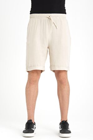 Duble Paça Müslin Kumaş Şort - Açık Bej