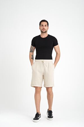 Duble Paça Müslin Kumaş Şort - Açık Bej