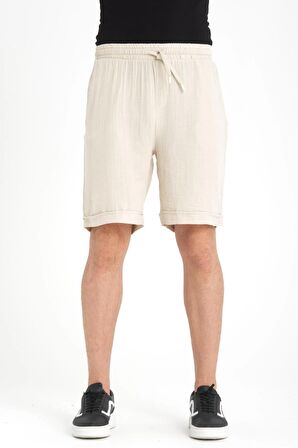 Duble Paça Müslin Kumaş Şort - Açık Bej