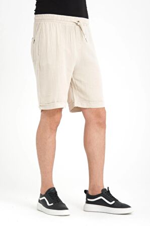 Duble Paça Müslin Kumaş Şort - Açık Bej