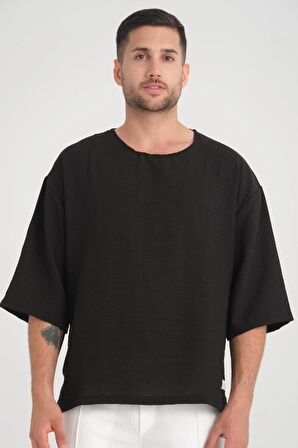 Bisiklet Yaka Fakir Kol Oversize Kısa Kol T-shirt - Siyah