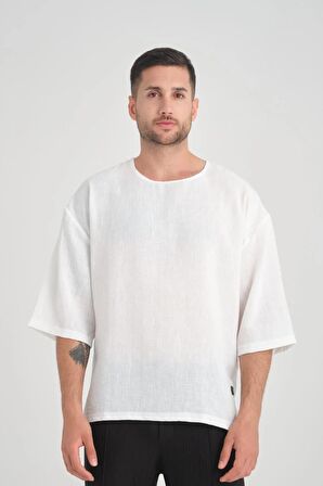 Bisiklet Yaka Fakir Kol Oversize Kısa Kol T-shirt - Beyaz