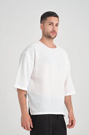 Bisiklet Yaka Fakir Kol Oversize Kısa Kol T-shirt - Beyaz