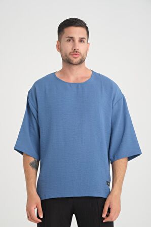 Bisiklet Yaka Fakir Kol Oversize Kısa Kol T-shirt - Mavi