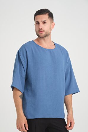Bisiklet Yaka Fakir Kol Oversize Kısa Kol T-shirt - Mavi