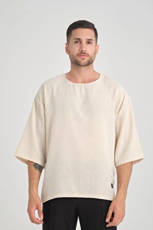 Bisiklet Yaka Fakir Kol Oversize Kısa Kol T-shirt - Bej