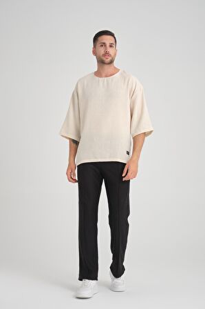 Bisiklet Yaka Fakir Kol Oversize Kısa Kol T-shirt - Bej