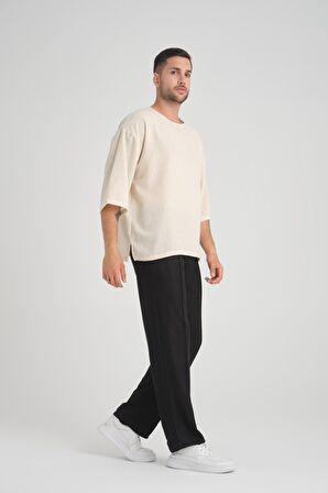 Bisiklet Yaka Fakir Kol Oversize Kısa Kol T-shirt - Bej