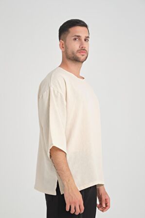 Bisiklet Yaka Fakir Kol Oversize Kısa Kol T-shirt - Bej