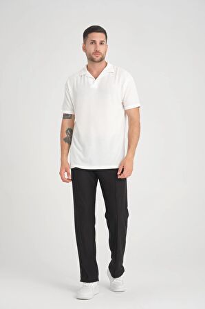 Premium V Yaka Oversize Fitilli T-Shirt - Beyaz
