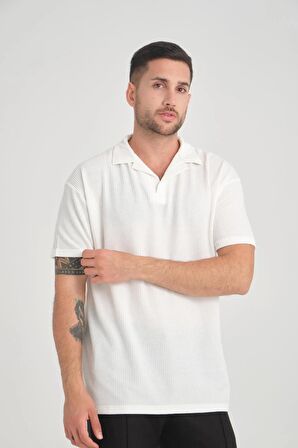 Premium V Yaka Oversize Fitilli T-Shirt - Beyaz