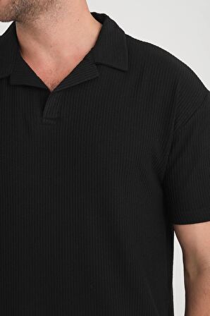 Premium V Yaka Oversize Fitilli T-Shirt - Siyah