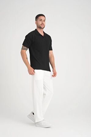 Premium V Yaka Oversize Fitilli T-Shirt - Siyah