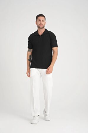 Premium V Yaka Oversize Fitilli T-Shirt - Siyah