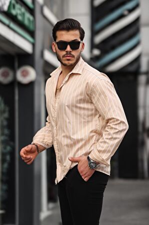 Oversize Çizgili Saten Gömlek- Bej