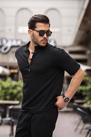 Oversize Yarım Pat Bambu Kısa kol Gömlek - Siyah