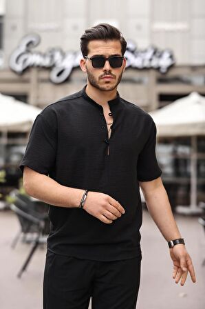 Oversize Yarım Pat Bambu Kısa kol Gömlek - Siyah