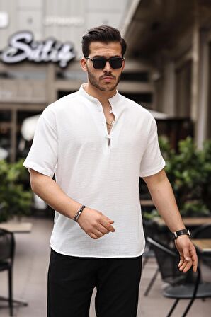 Oversize Yarım Pat Bambu Kısa kol Gömlek - Beyaz