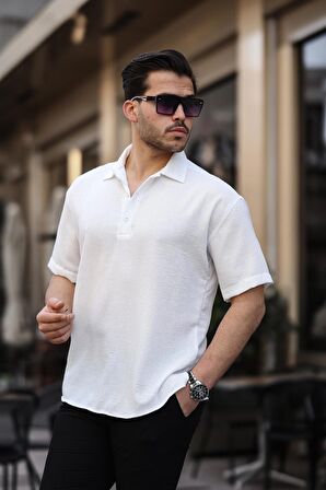 Polo Yaka Oversize Yarım Pat  Bambu Kısa Kol Gömlek - Beyaz